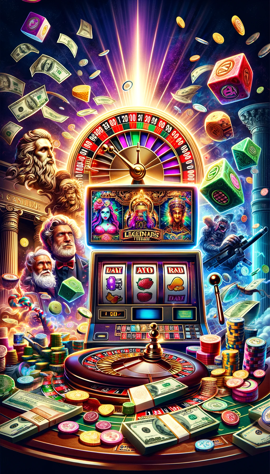 DALL·E 2023-12-06 23.34.28 - A vibrant and dynamic poster representing the themes of slot games, roulette, casino, money, legendary themed slot game, candy themed slot game, and d